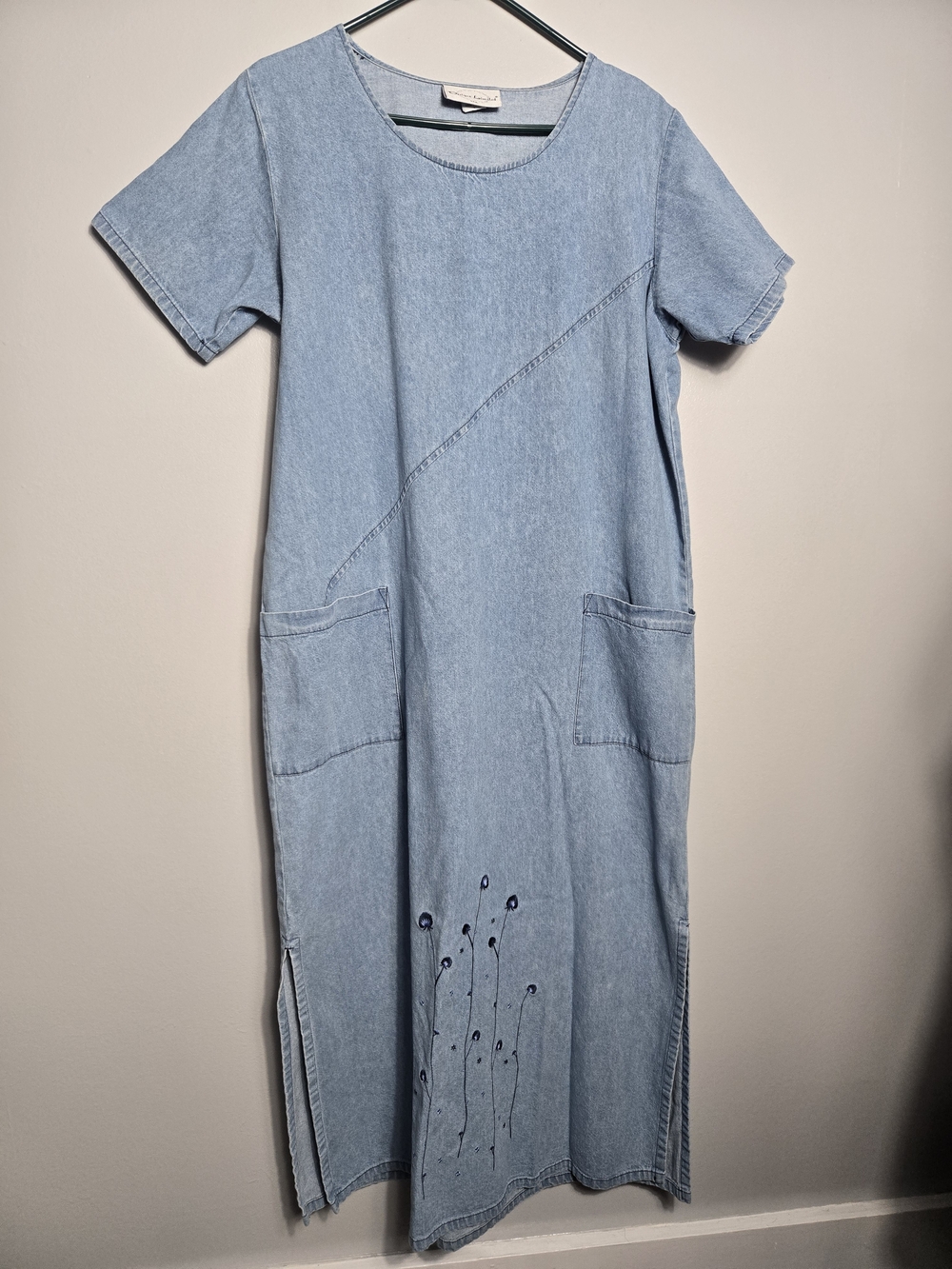 Vintage Designs Limited Denim Maxi Dress Floral Embroidered USA Cottage Large